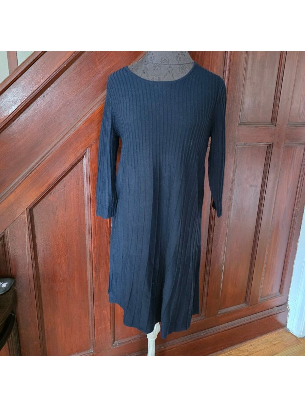 Eileen Fisher Navy Ribbed Knit Midi Dress 3/4 Sleeve Wool Women S